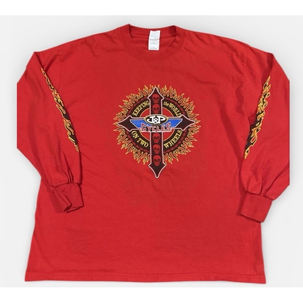 J&P Cycles Y2K Biker‎ Graphic Long Sleeve Tee XL Red Flame Skull